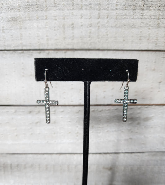 Silver Crystal Cross Earrings