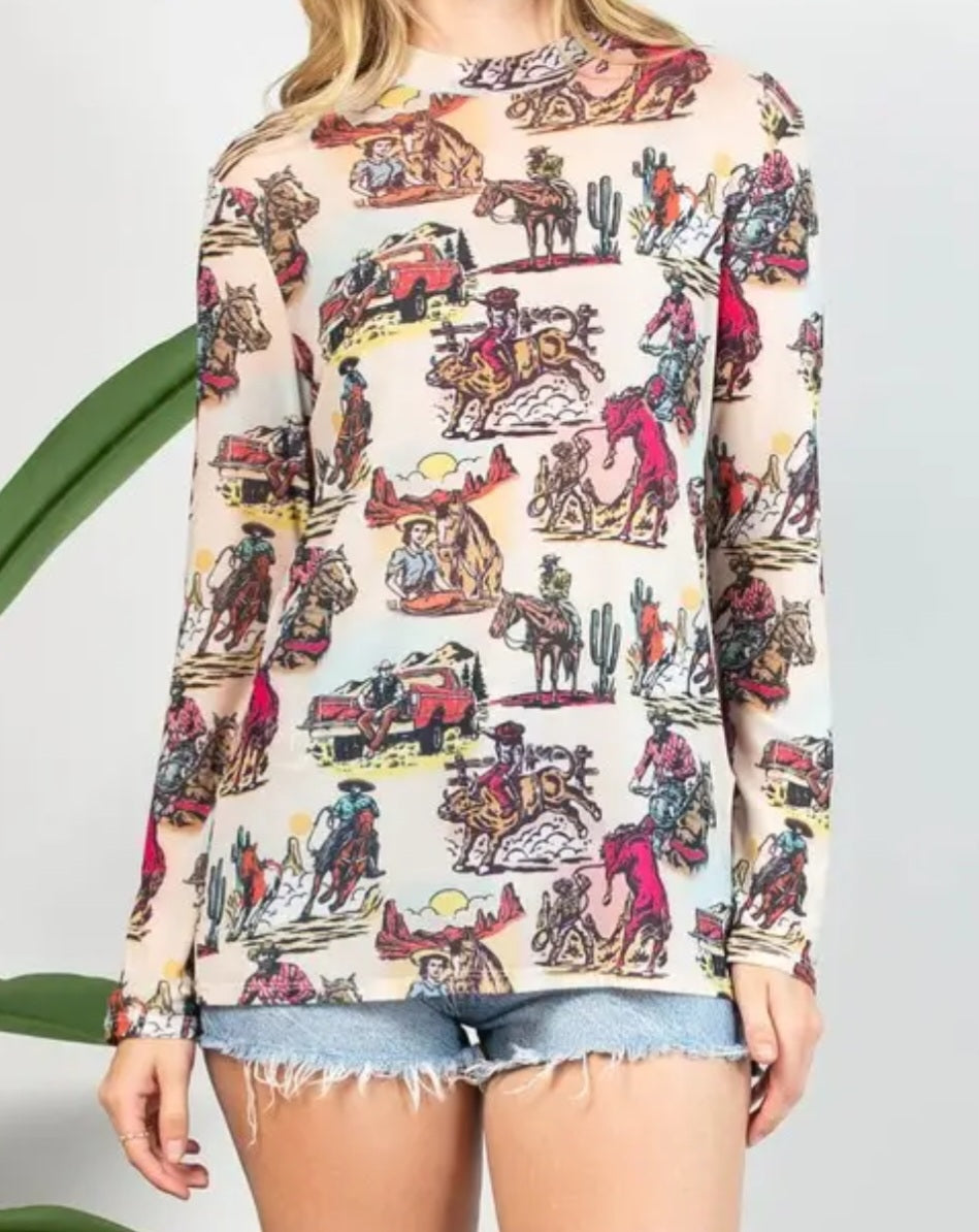 Cowboy Print Mesh Top