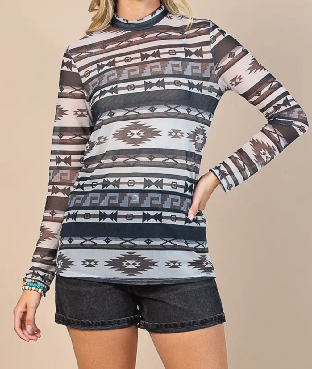 Aztec Print Mesh Long Sleeve