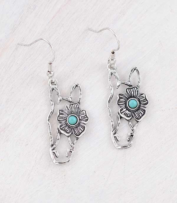 Silver Flower Horse Head Earrings